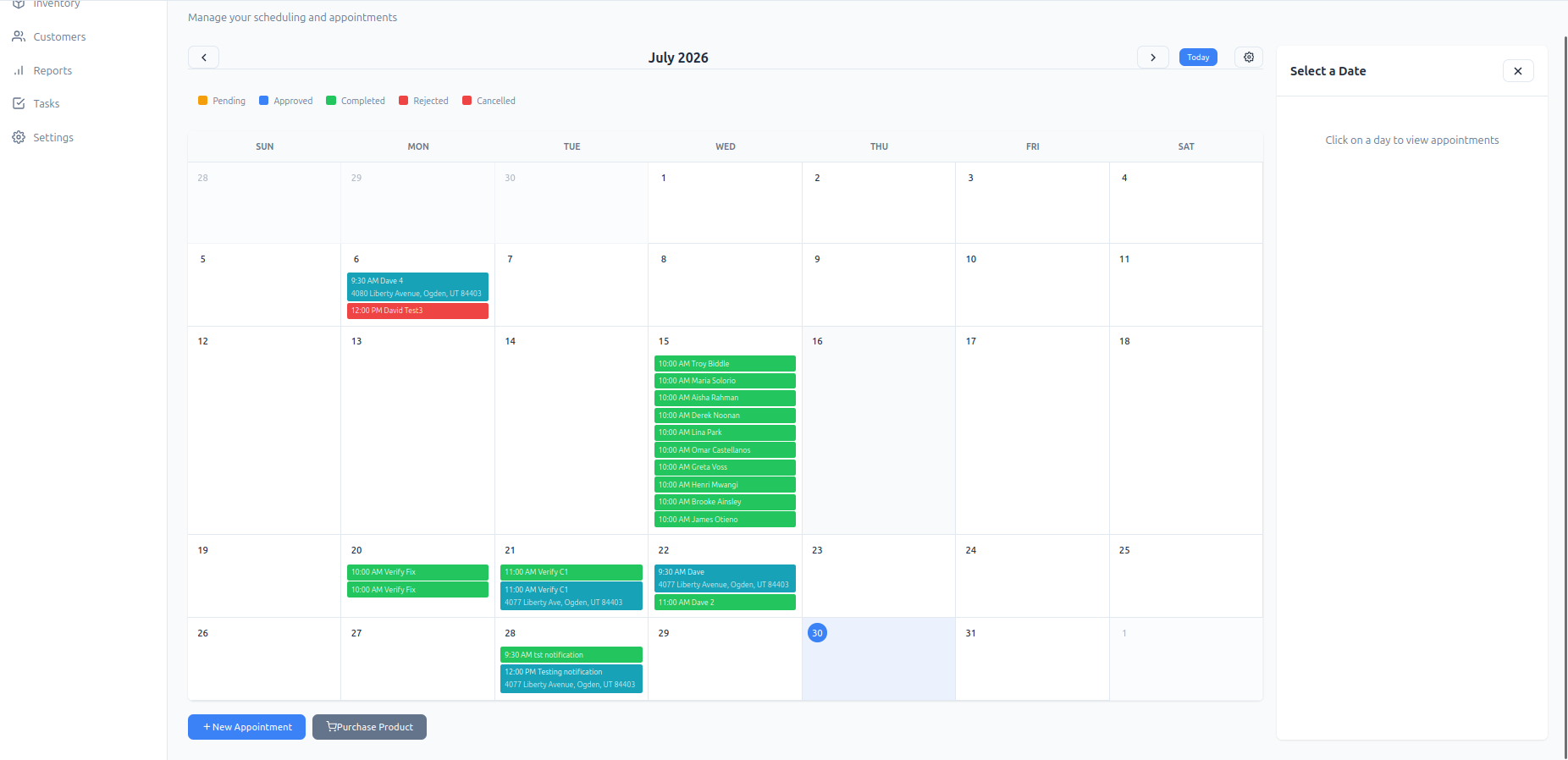 Clear Coat appointments calendar, color-coded by job status